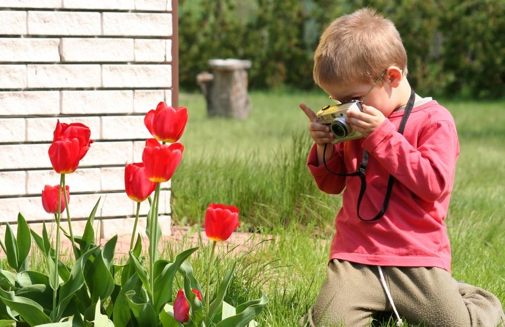 Фотографирует цветы на телефон