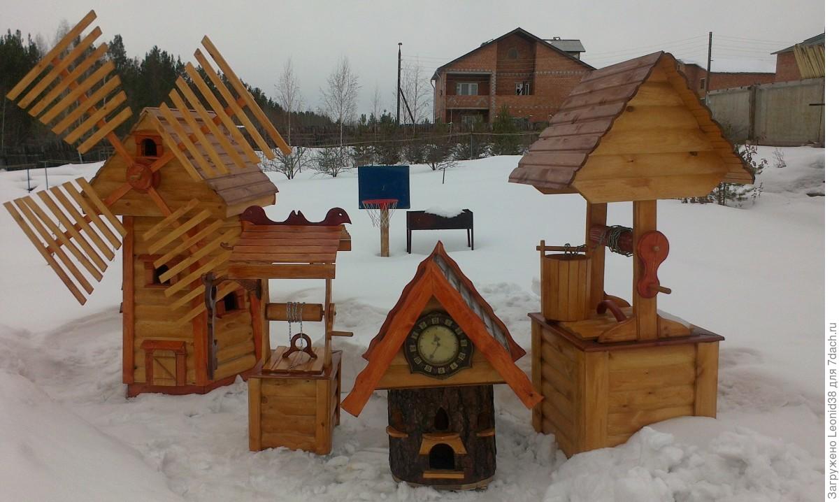Поделки для дачи из дерева: мельница, колодцы, домики и грибы. Фото