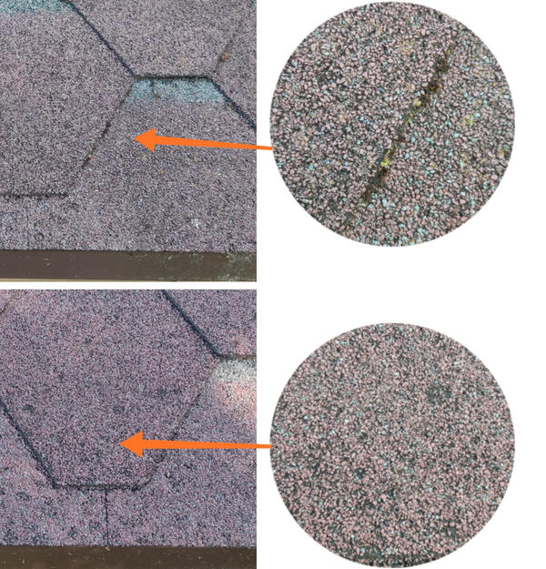 Вверху - не обработанный участок кровли. Внизу - обработанный