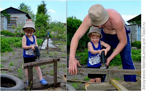 Лобзик -тоже техника нужная на даче!Дима с папой весело распиливают старую лестницу на дрова для бани!!!Опилки летят в разные стороны!
