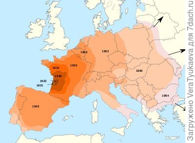 Карта распространения колорадского жука в Европе.
https://fr.wikipedia.org/wiki/Doryphore