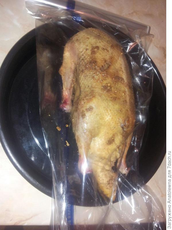 тут я блинчики вложила в утку и зашила её, саму у тку положила в рукав