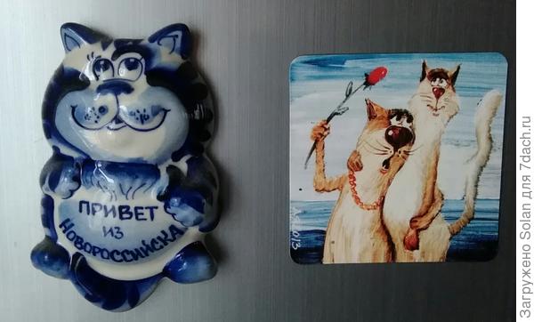 Моя охрана))). Левый-подарок от Наташи, правый-от брата из Питера. Не люблю магниты на холодильниках, но эти висят))-подарки же!)))