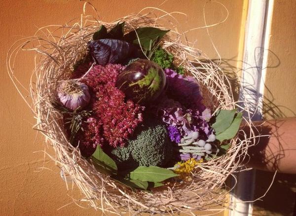 Букет с баклажаном, чесноком, розмарином, лавровым листом, брокколи и фиолетовой капустой. Фото с сайта https://vk.com/o_horosho