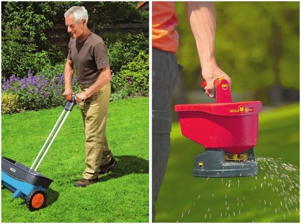 Слева: разбрасыватель-сеялка Gardena Comfort 800. Справа: ручная сеялка на батареях WOLF-Garten WE-B.
