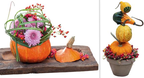 Слева: нежный букет хризантем в тыквенной вазе. Справа: кокетливая пирамидка из декоративных тыкв