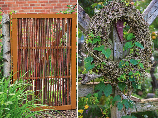 Слева: садовая калитка из стеблей ивы. Справа: венок из хмеля обыкновенного