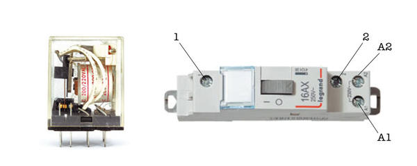 Слева: электромагнитное реле. Справа – импульсное электромагнитное реле в модульном исполнении: А1 и А2 — клеммы обмотки катушки управления; 1 и 2 — клеммы силовых контактов