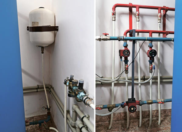 Vlevo: zásobník na ohřev vody. Vpravo: Dvě horní čerpadla cirkulují teplou vodu ve dvou různých budovách a spodní čerpadlo vyměňuje teplou vodu mezi plynovým kotlem a externím kotlem.