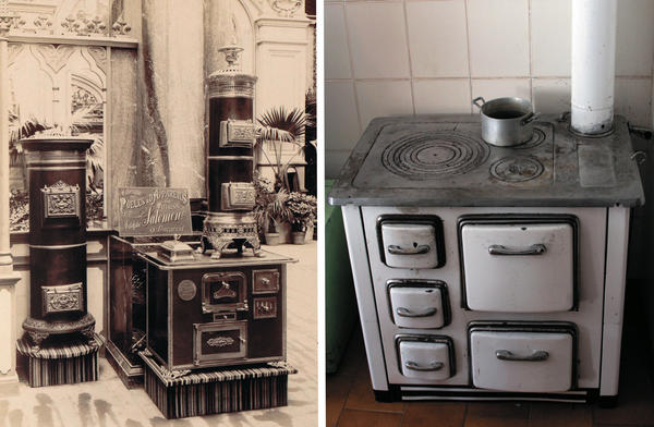 Слева: металлические печи в румынском павильоне на выставке 1889 года в Париже. Справа: металлические кухонные печи дольше всех массово выпускалась в Великобритании и Швеции. Кухонные очаги Алексиса Сойера на многие годы стали эталоном кухонной плиты
