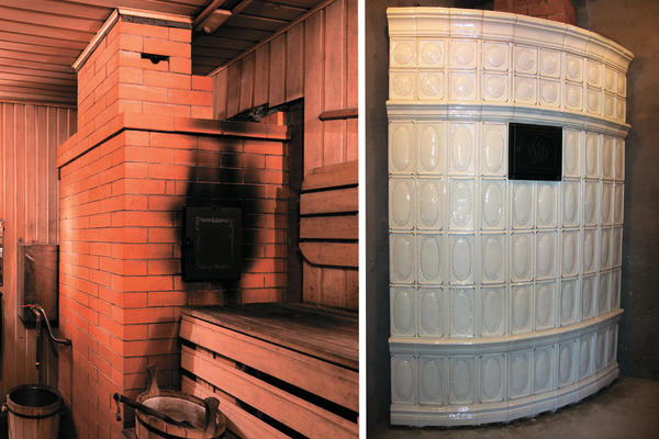 Слева: традиционная по конструкции кирпичная банная печь. Справа: большая радиальная кирпичная банная печь, отделанная изразцами 