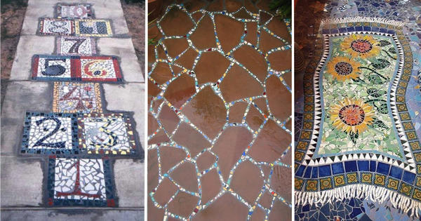 Кафельную мозаику на садовых дорожках можно обыграть самыми разными способами. Фото: pinterest.ru