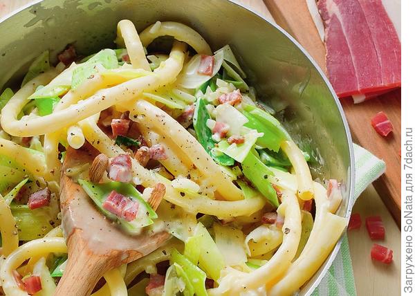 Макароны с пореем и ветчиной Макароны с пореем и ветчиной