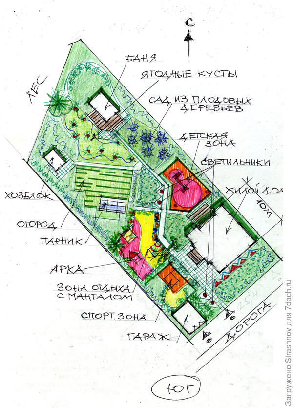 эскиз планировки участка вытянутой формы.