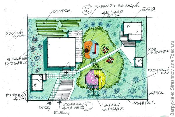 эскиз планировки квадратного в плане участка