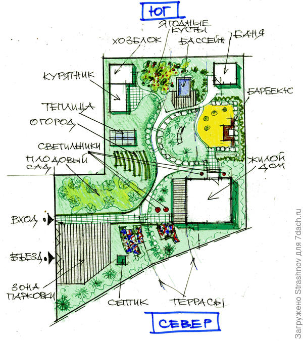 эскиз планировки участка с уклоном