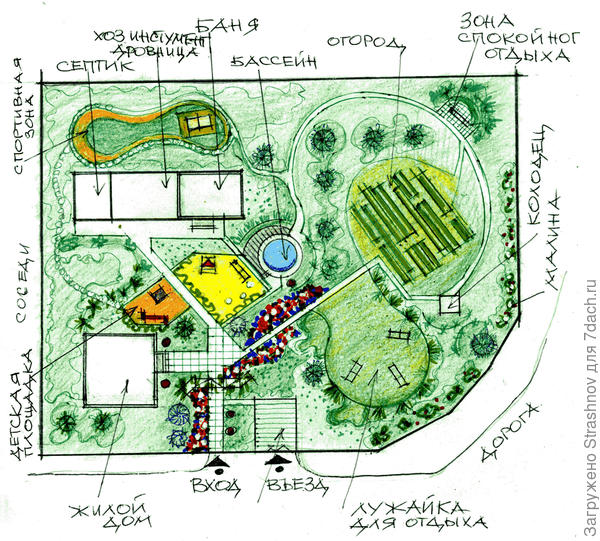 эскиз планировки квадратного в плане участка