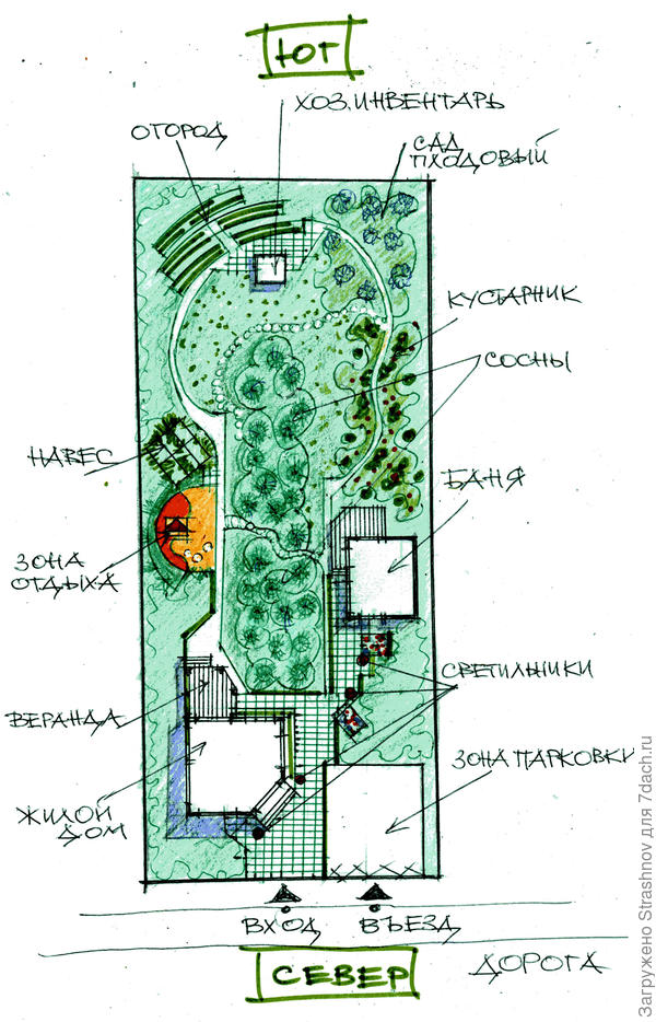 эскиз планировки участка с сосновым бором.