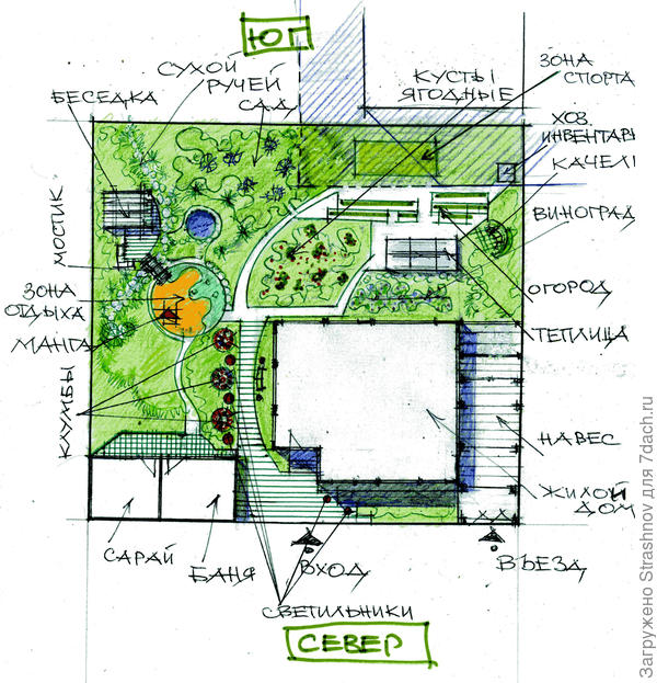 эскиз планировки квадратного в плане участка