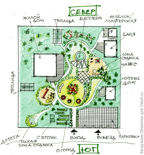 эскиз планировки квадратного в плане участка