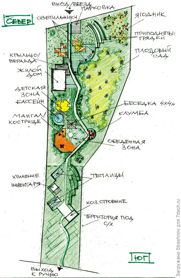 эскиз планировки вытянутого по форме участка