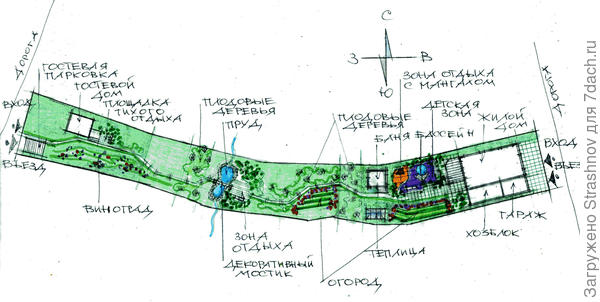 эскиз планировки узкого участка с уклоном