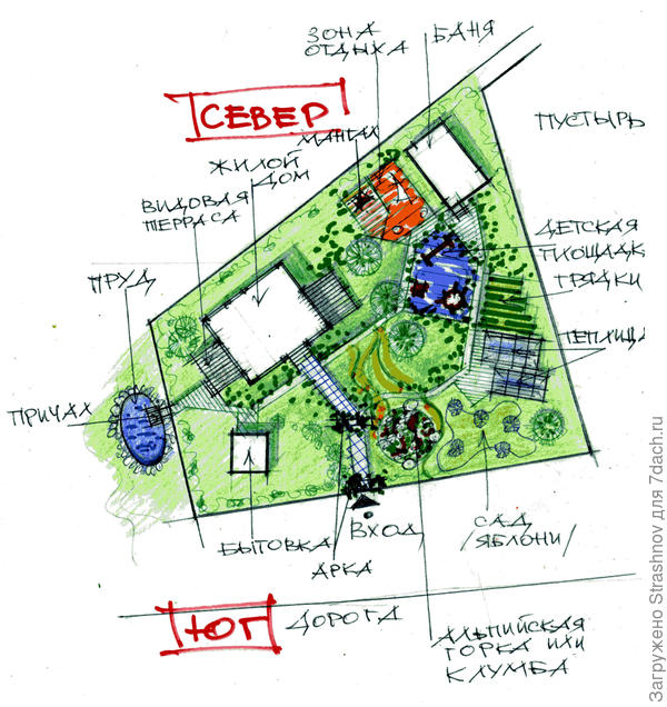 эскиз планировки трапециевидного в плане участка.