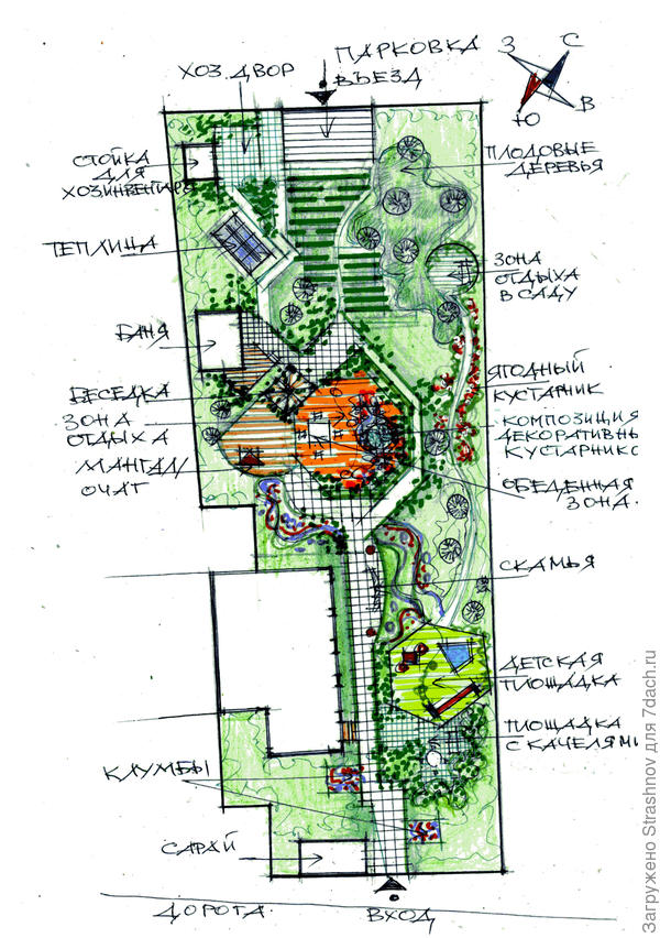 эскиз планировки вытянутого в плане участка