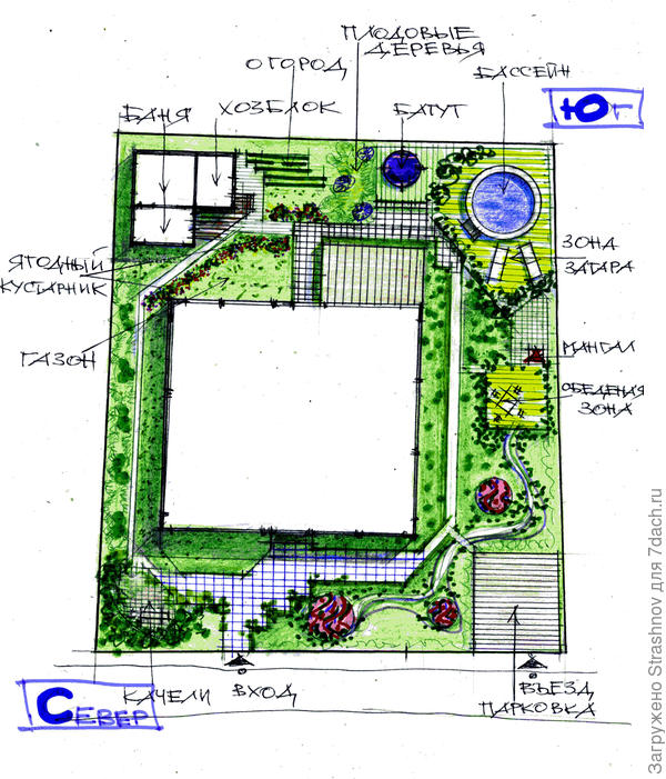 эскиз планировки участка с жилым домом большой площадки.