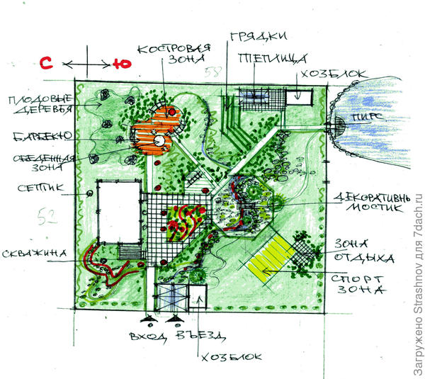 эскиз планировки квадратного в плане участка