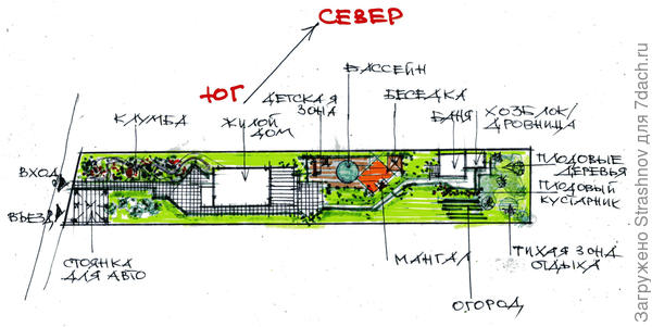 эскиз планировки узкого в плане участка.