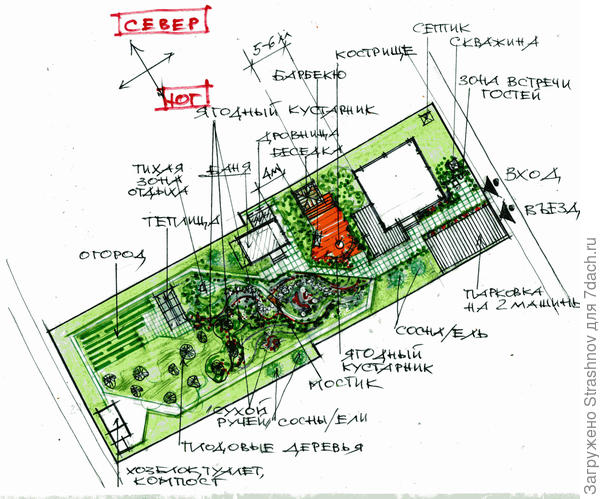 эскиз планировки узкого в плане участка