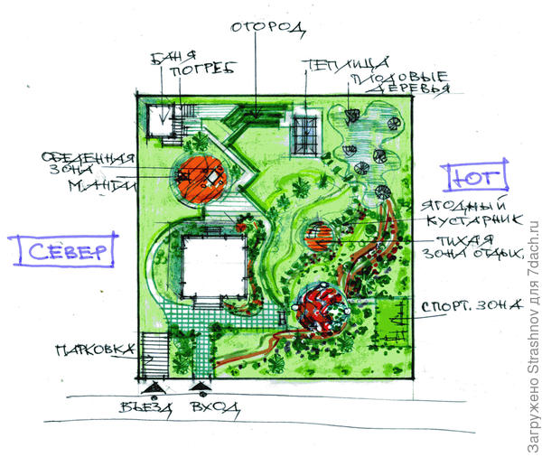 эскизное предложение планировки квадратного участка.