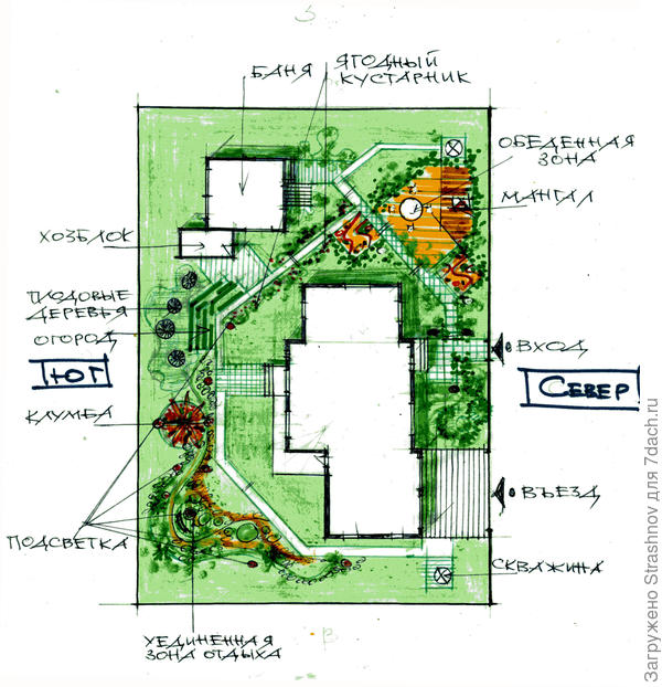 эскиз планировки участка с уклоном