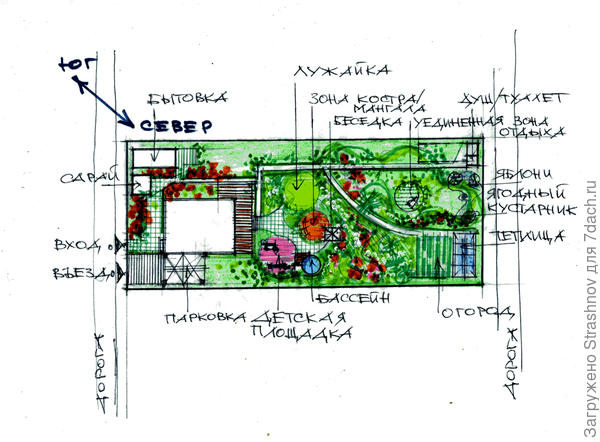эскиз планировки узкого в плане участка