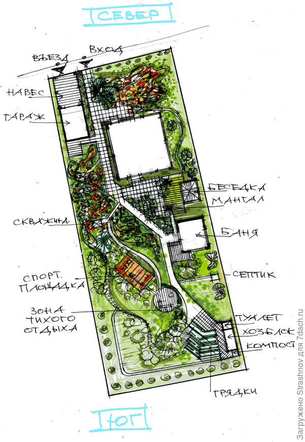 эскиз планировки прямоугольного участка с небольшим уклоном