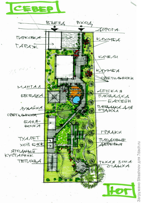 эскиз планировки узкого в плане участка