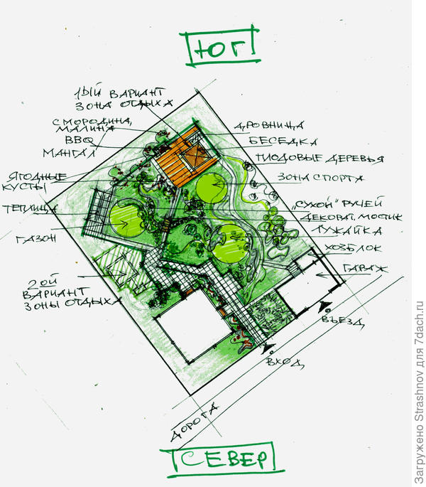 эскиз планировки квадратного в плане участка