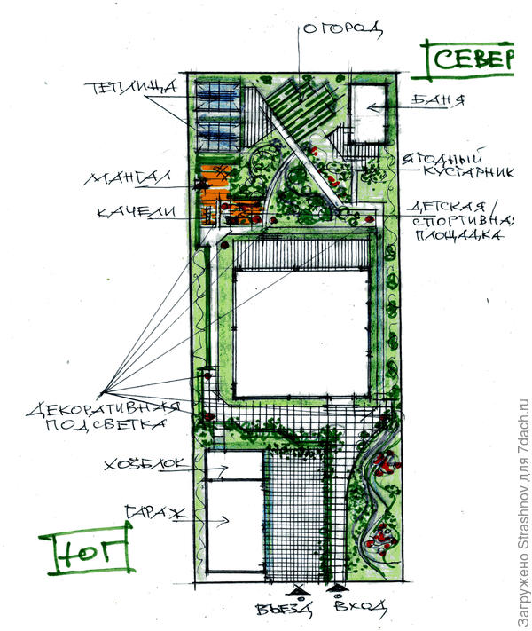 эскиз планировки прямоугольного в плане участка