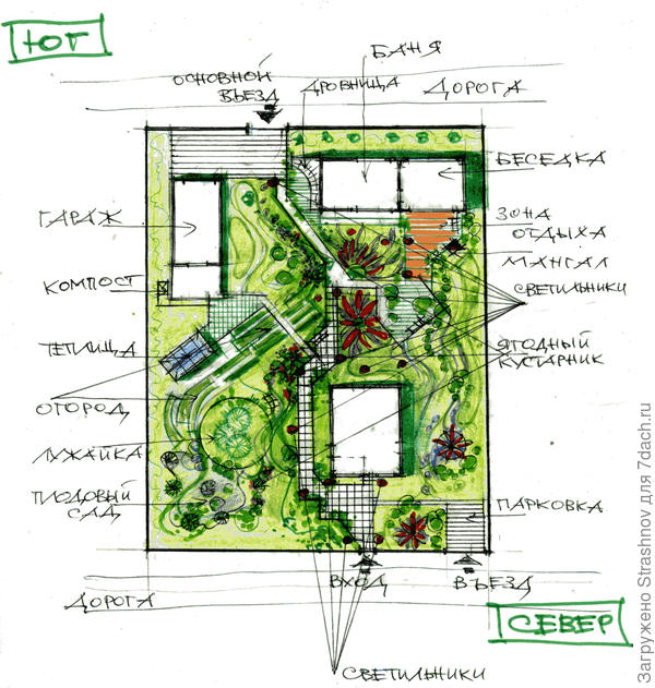 эскиз планировки прямоугольного в плане участка