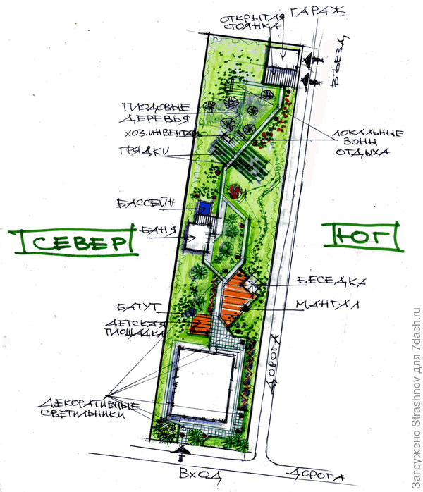 эскизное решение планировки вытянутого  в плане участка.