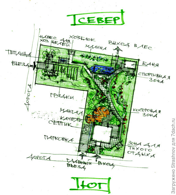 эскиз планировки "Г"-образного в плане участка