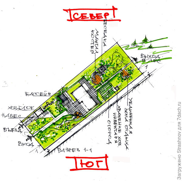 эскиз планировки прямоугольного в плане участка
