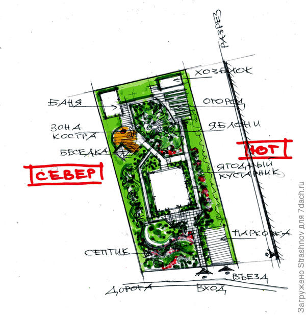 эскиз планировки участка с небольшим уклоном