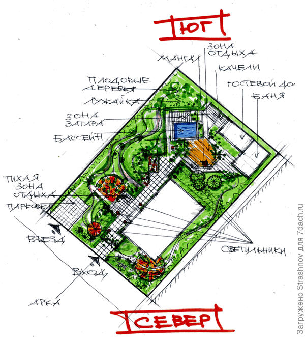эскиз планировки прямоугольного участка с уклоном