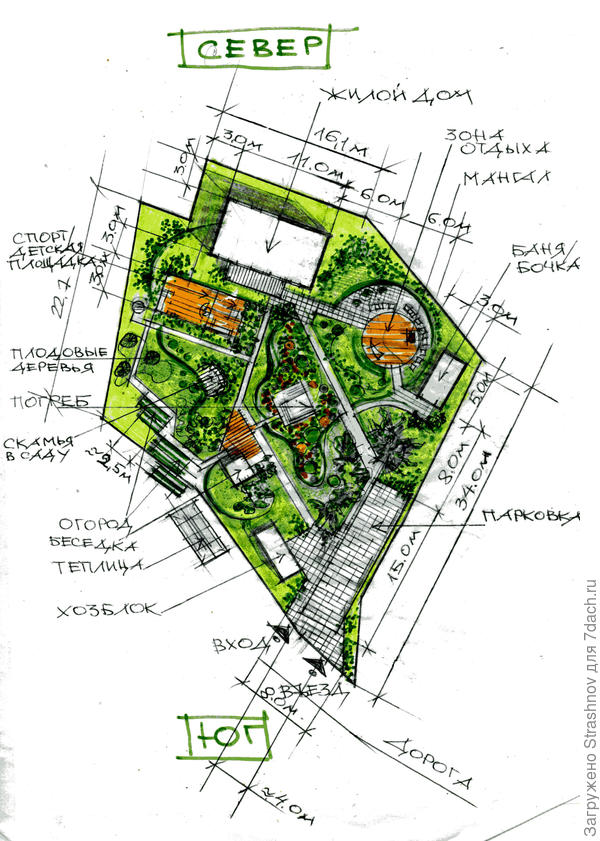 эскиз планировки участка сложной геометрии, с уклоном