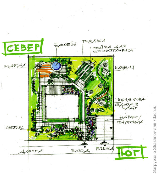 эскиз планировки квадратного участка 4 сотки