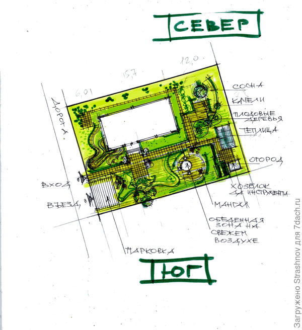 эскиз планировки дачного участка прямоугольного в плане