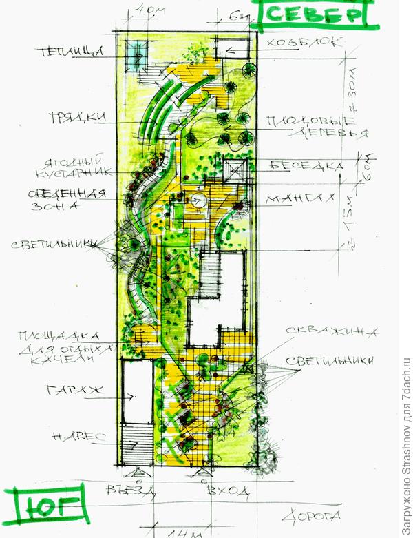 Эскиз планировки узкого в плане участка