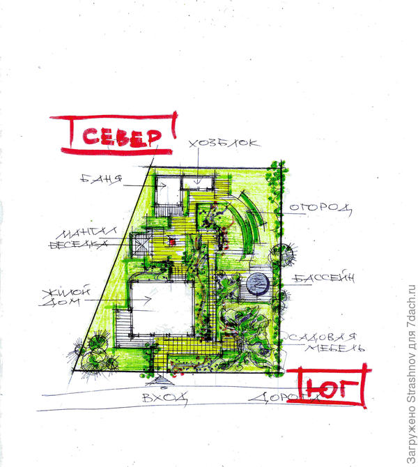 эскиз планировки трапециевидного в плане участка